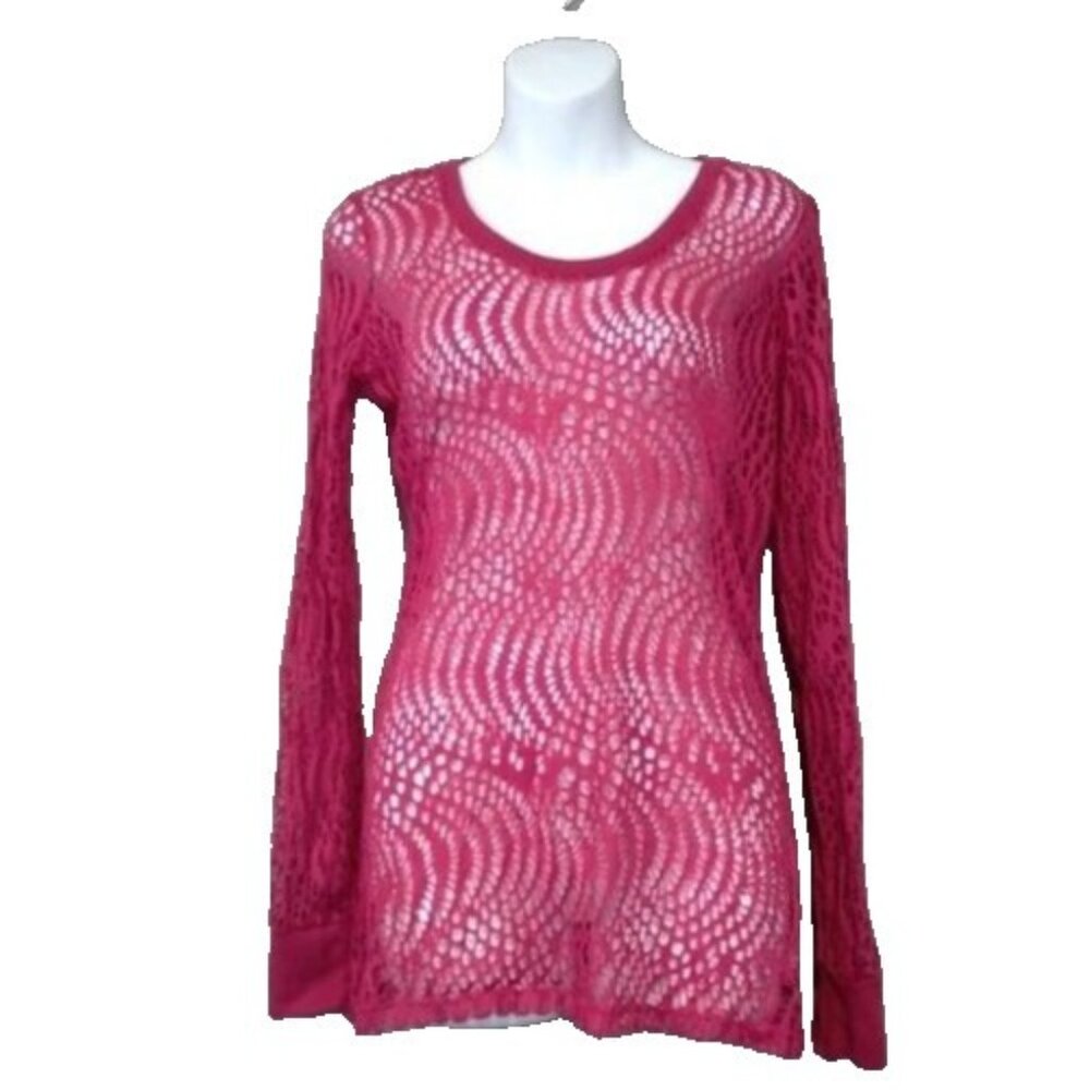 BKE The Buckle Womens Pink Open Knit Top‎ Large Sheer Long Sleeve Y2K Grunge